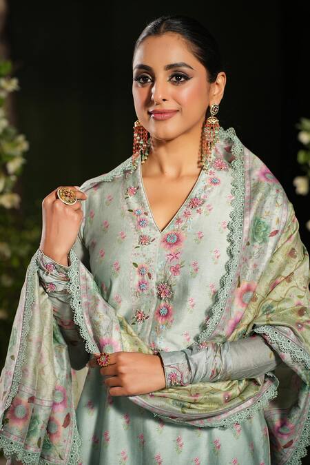 Buy_Label Niti Bothra_Blue Silk, Chanderi Lace, Sequins, Embroidery Mughal Floral Print Sharara Set 