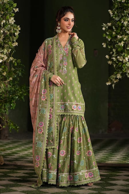 Label Niti Bothra Green Silk Chanderi Printed Floral V Neck Mughal Pattern Sharara Set 