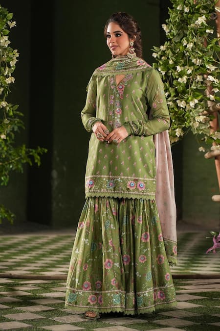 Label Niti Bothra_Green Silk, Chanderi Embroidery, Sequins Mughal Floral Pattern Sharara Set _Online_at_Aza_Fashions
