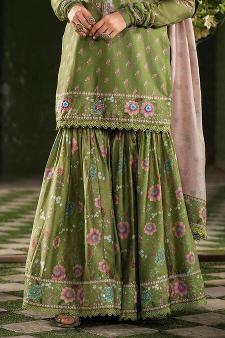 Buy_Label Niti Bothra_Green Silk, Chanderi Embroidery, Sequins Mughal Floral Pattern Sharara Set _Online_at_Aza_Fashions
