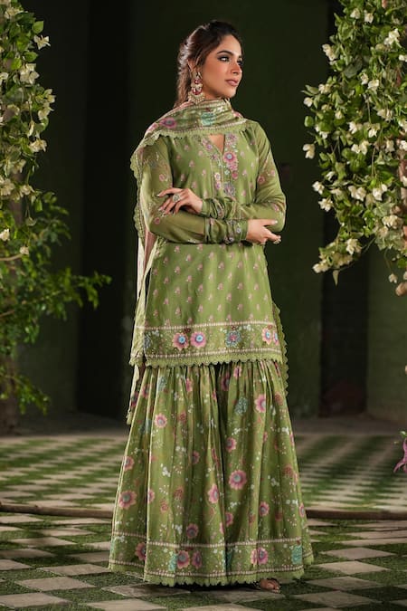 Shop_Label Niti Bothra_Green Silk, Chanderi Embroidery, Sequins Mughal Floral Pattern Sharara Set _Online_at_Aza_Fashions