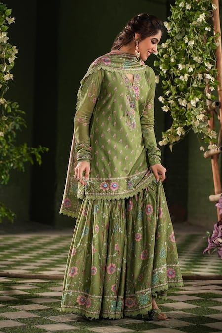 Label Niti Bothra_Green Silk, Chanderi Embroidery, Sequins Mughal Floral Pattern Sharara Set _at_Aza_Fashions