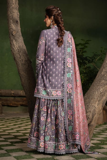 Shop_Label Niti Bothra_Purple Silk, Chanderi Sequins, Lace, Mughal Floral Pattern Kurta Sharara Set _at_Aza_Fashions