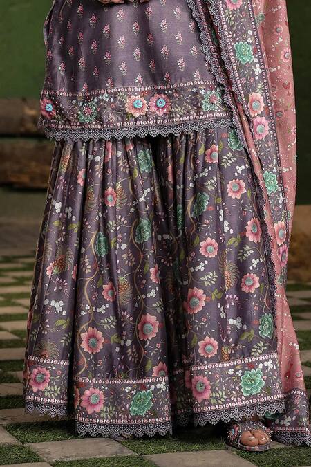 Label Niti Bothra Purple Silk, Chanderi Sequins, Lace, Mughal Floral Pattern Kurta Sharara Set Online at Aza Fashions Label Niti Bothra_Purple Silk, Chanderi Sequins, Lace, Mughal Floral Pattern Kurta Sharara Set _Online_at_Aza_Fashions