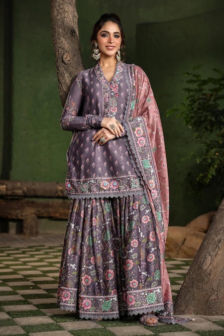 Buy_Label Niti Bothra_Purple Silk, Chanderi Sequins, Lace, Mughal Floral Pattern Kurta Sharara Set _Online_at_Aza_Fashions