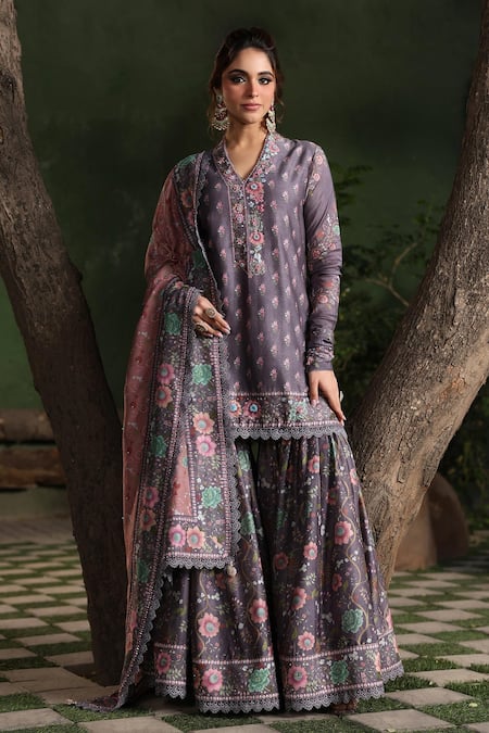 Shop_Label Niti Bothra_Purple Silk, Chanderi Sequins, Lace, Mughal Floral Pattern Kurta Sharara Set _Online_at_Aza_Fashions