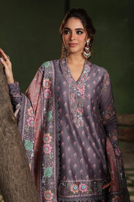 Label Niti Bothra_Purple Silk, Chanderi Sequins, Lace, Mughal Floral Pattern Kurta Sharara Set _at_Aza_Fashions