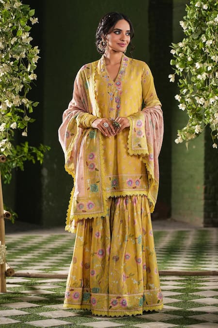 Label Niti Bothra Yellow Silk Chanderi Printed Floral V Neck Mughal Kurta Sharara Set 