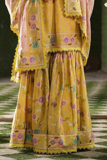 Label Niti Bothra_Yellow Silk, Chanderi, Chiffon Sequins, Mughal Floral Print Kurta Sharara Set _Online_at_Aza_Fashions