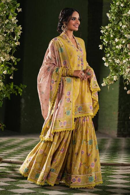 Shop_Label Niti Bothra_Yellow Silk, Chanderi, Chiffon Sequins, Mughal Floral Print Kurta Sharara Set _Online_at_Aza_Fashions