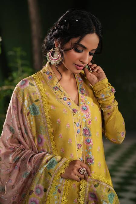 Label Niti Bothra_Yellow Silk, Chanderi, Chiffon Sequins, Mughal Floral Print Kurta Sharara Set _at_Aza_Fashions