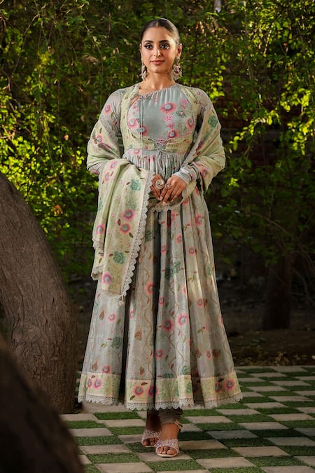 Shop_Label Niti Bothra_Blue Silk, Chanderi Embroidery, Sequins Floral Blossom Print Koti Anarkali Set _at_Aza_Fashions