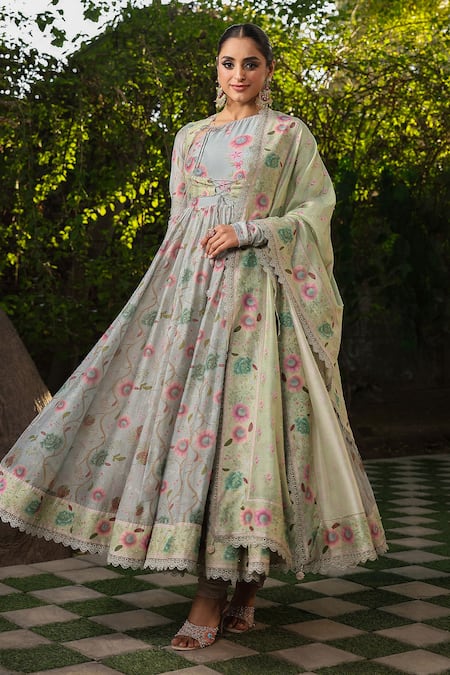 Label Niti Bothra_Blue Silk, Chanderi Embroidery, Sequins Floral Blossom Print Koti Anarkali Set _Online_at_Aza_Fashions