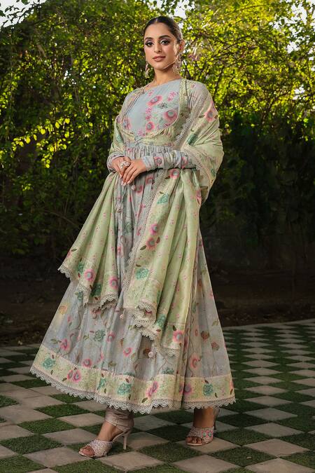 Buy_Label Niti Bothra_Blue Silk, Chanderi Embroidery, Sequins Floral Blossom Print Koti Anarkali Set _Online_at_Aza_Fashions