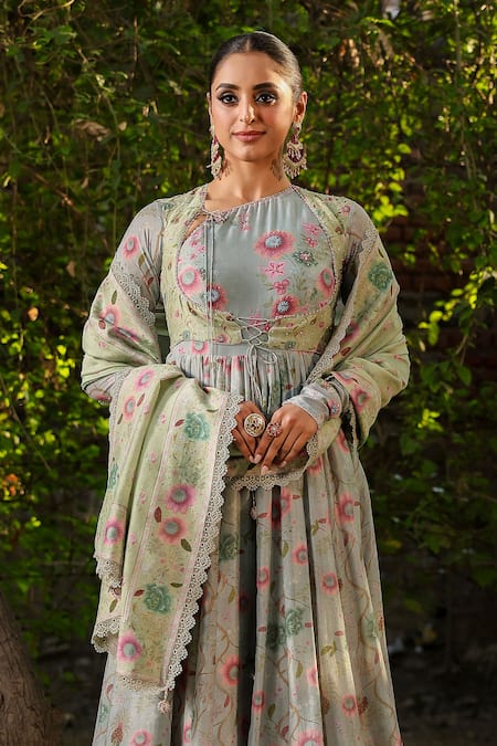 Shop_Label Niti Bothra_Blue Silk, Chanderi Embroidery, Sequins Floral Blossom Print Koti Anarkali Set _Online_at_Aza_Fashions