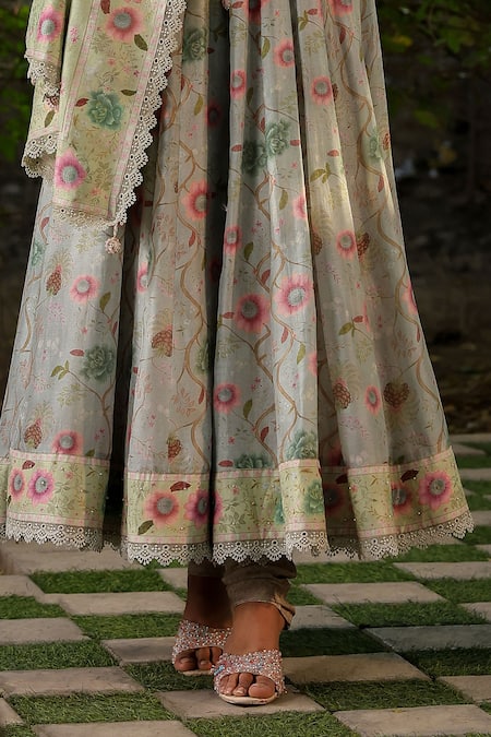 Label Niti Bothra_Blue Silk, Chanderi Embroidery, Sequins Floral Blossom Print Koti Anarkali Set _at_Aza_Fashions