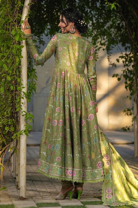 Shop_Label Niti Bothra_Green Silk, Chanderi Embroidery, Sequins Floral Print Koti Anarkali Set _at_Aza_Fashions