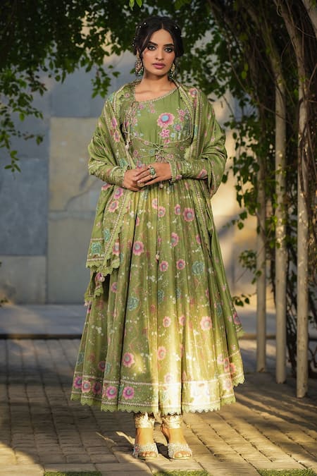 Label Niti Bothra_Green Silk, Chanderi Embroidery, Sequins Floral Print Koti Anarkali Set _Online_at_Aza_Fashions
