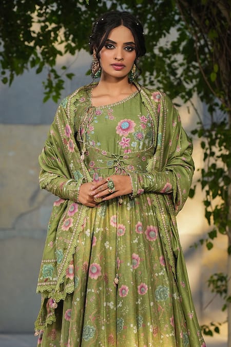 Buy Label Niti Bothra Green Silk, Chanderi Embroidery, Sequins Floral Print Koti Anarkali Set Online at Aza Fashions Buy_Label Niti Bothra_Green Silk, Chanderi Embroidery, Sequins Floral Print Koti Anarkali Set _Online_at_Aza_Fashions