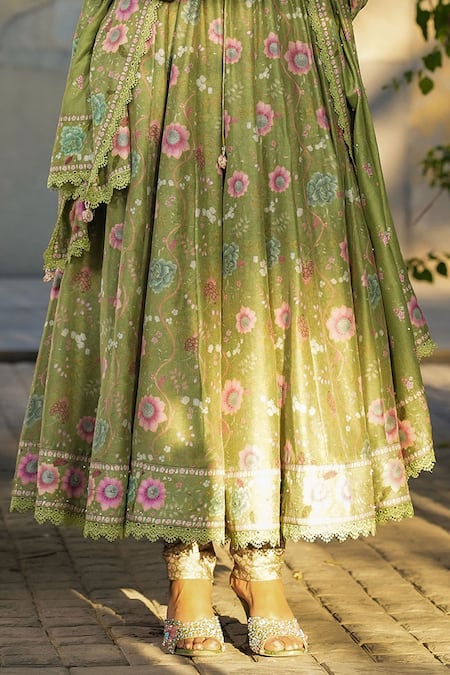 Shop Label Niti Bothra Green Silk, Chanderi Embroidery, Sequins Floral Print Koti Anarkali Set Online at Aza Fashions Shop_Label Niti Bothra_Green Silk, Chanderi Embroidery, Sequins Floral Print Koti Anarkali Set _Online_at_Aza_Fashions