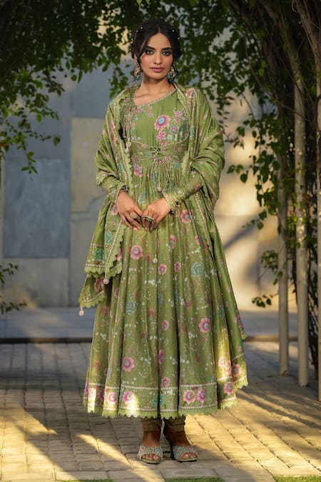 Label Niti Bothra_Green Silk, Chanderi Embroidery, Sequins Floral Print Koti Anarkali Set _at_Aza_Fashions