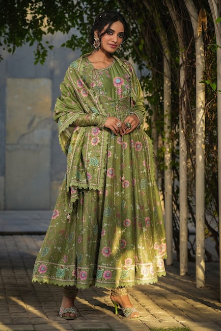 Buy_Label Niti Bothra_Green Silk, Chanderi Embroidery, Sequins Floral Print Koti Anarkali Set 