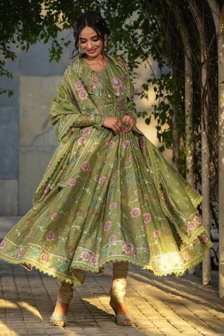 Shop_Label Niti Bothra_Green Silk, Chanderi Embroidery, Sequins Floral Print Koti Anarkali Set 