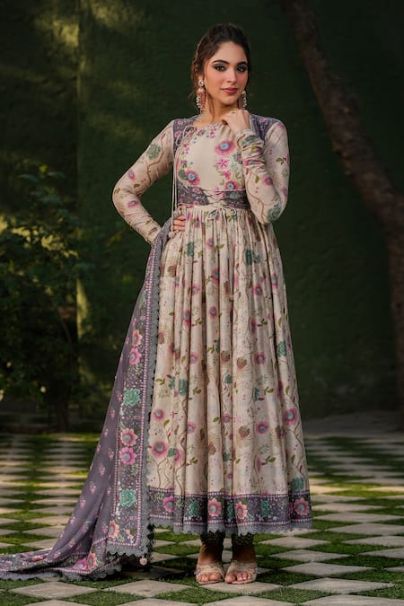 Label Niti Bothra Ivory Silk Chanderi Print Floral Asymmetric Neck Vine Koti Anarkali Set 