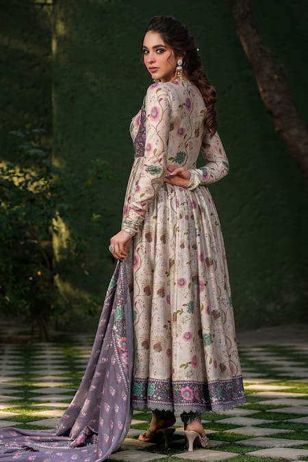 Shop_Label Niti Bothra_Ivory Silk, Chanderi Embroidery, Sequins Floral Vine Print Koti Anarkali Set _at_Aza_Fashions