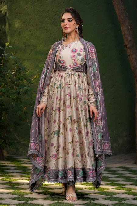 Label Niti Bothra_Ivory Silk, Chanderi Embroidery, Sequins Floral Vine Print Koti Anarkali Set _Online_at_Aza_Fashions