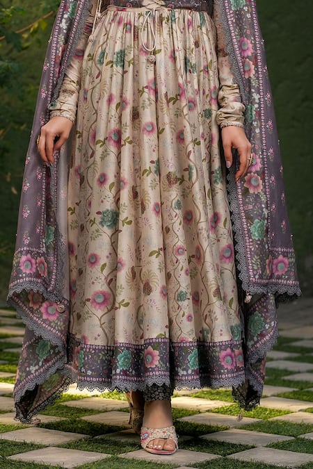 Buy_Label Niti Bothra_Ivory Silk, Chanderi Embroidery, Sequins Floral Vine Print Koti Anarkali Set _Online_at_Aza_Fashions