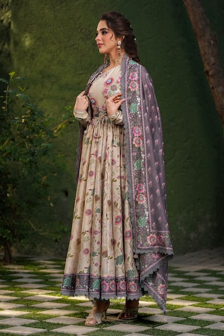 Shop_Label Niti Bothra_Ivory Silk, Chanderi Embroidery, Sequins Floral Vine Print Koti Anarkali Set _Online_at_Aza_Fashions