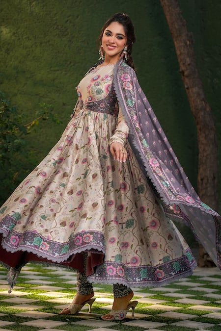 Label Niti Bothra_Ivory Silk, Chanderi Embroidery, Sequins Floral Vine Print Koti Anarkali Set _at_Aza_Fashions