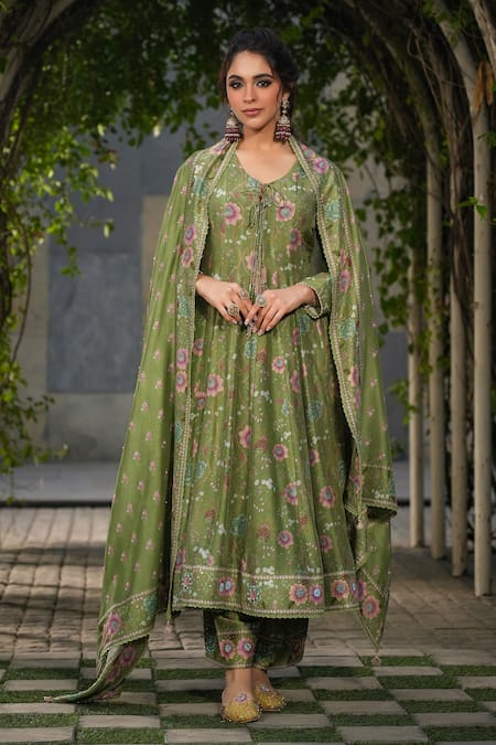 Label Niti Bothra Green Silk Chanderi Print Floral V Neck Anarkali Pant Set 