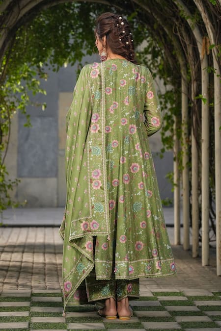 Shop_Label Niti Bothra_Green Silk, Chanderi Embroidery, Sequins V-neck Floral Print Anarkali Pant Set _at_Aza_Fashions