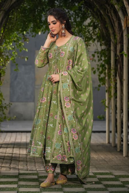 Label Niti Bothra_Green Silk, Chanderi Embroidery, Sequins V-neck Floral Print Anarkali Pant Set _Online_at_Aza_Fashions