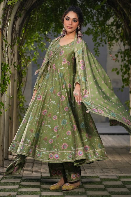 Shop_Label Niti Bothra_Green Silk, Chanderi Embroidery, Sequins V-neck Floral Print Anarkali Pant Set _Online_at_Aza_Fashions