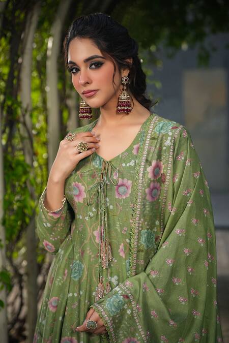 Label Niti Bothra_Green Silk, Chanderi Embroidery, Sequins V-neck Floral Print Anarkali Pant Set _at_Aza_Fashions