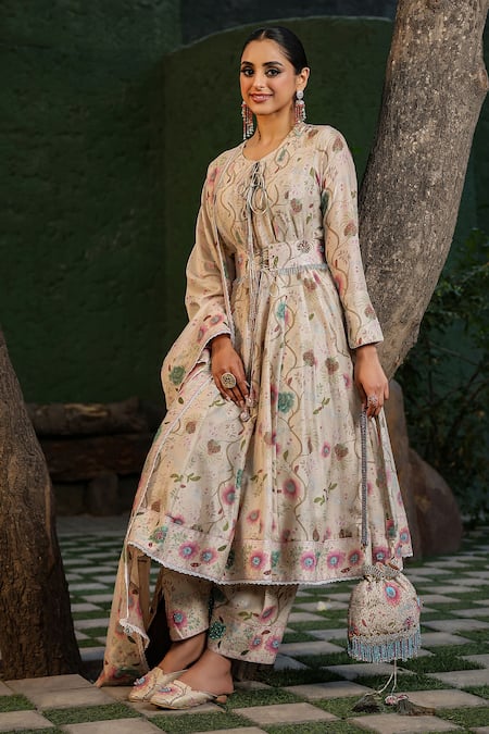 Label Niti Bothra_Ivory Silk, Chanderi Beads Round Neck Floral Print Anarkali Set _Online_at_Aza_Fashions