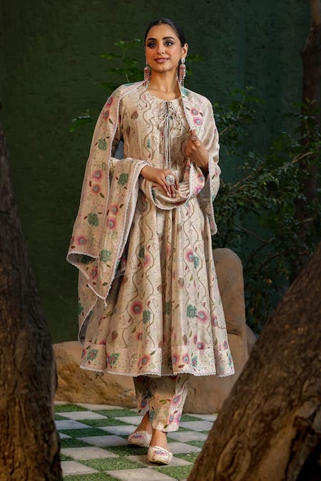 Buy_Label Niti Bothra_Ivory Silk, Chanderi Beads Round Neck Floral Print Anarkali Set _Online_at_Aza_Fashions