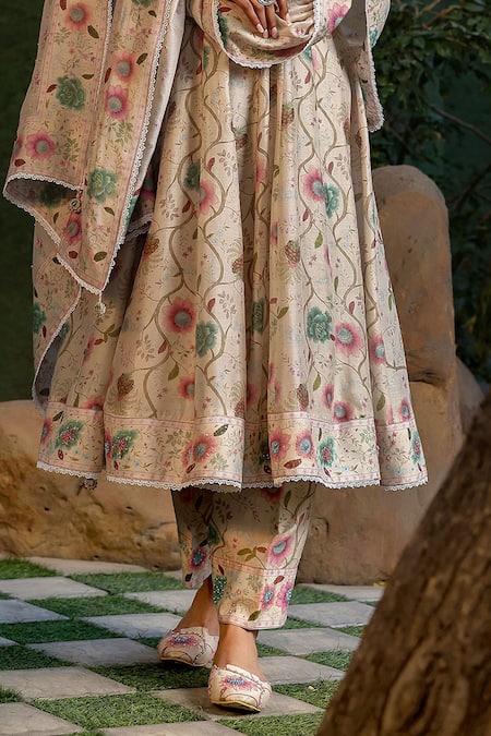 Shop Label Niti Bothra Ivory Silk, Chanderi Beads Round Neck Floral Print Anarkali Set Online at Aza Fashions Shop_Label Niti Bothra_Ivory Silk, Chanderi Beads Round Neck Floral Print Anarkali Set _Online_at_Aza_Fashions