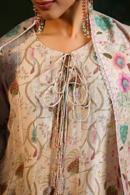 Label Niti Bothra_Ivory Silk, Chanderi Beads Round Neck Floral Print Anarkali Set _at_Aza_Fashions