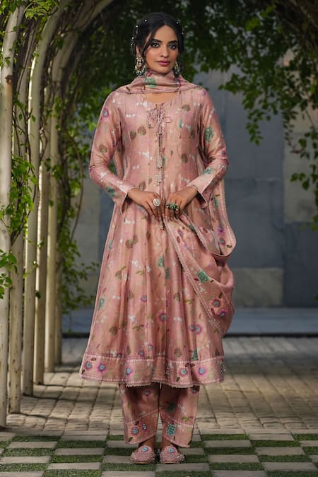 Label Niti Bothra Peach Silk Chanderi Print Floral Round Neck Flower Bloom Anarkali Pant Set 