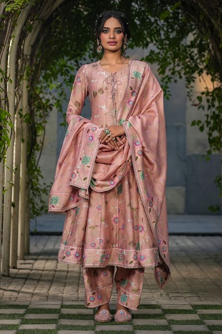 Shop_Label Niti Bothra_Peach Silk, Chanderi Beads, Embroidery Flower Bloom Print Anarkali Pant Set _at_Aza_Fashions