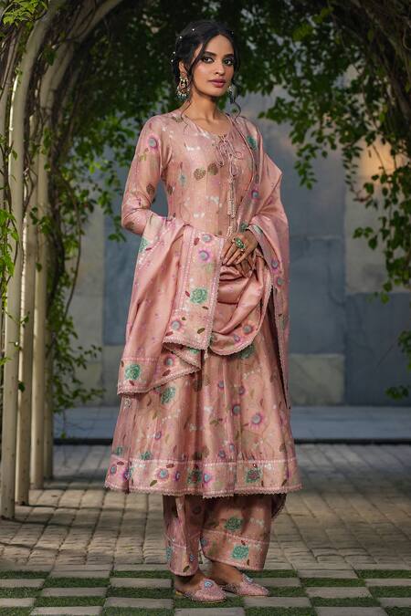 Label Niti Bothra_Peach Silk, Chanderi Beads, Embroidery Flower Bloom Print Anarkali Pant Set _Online_at_Aza_Fashions