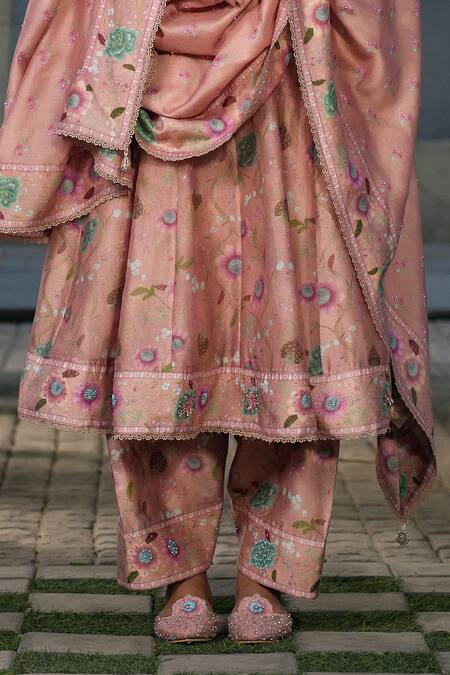 Buy Label Niti Bothra Peach Silk, Chanderi Beads, Embroidery Flower Bloom Print Anarkali Pant Set Online at Aza Fashions Buy_Label Niti Bothra_Peach Silk, Chanderi Beads, Embroidery Flower Bloom Print Anarkali Pant Set _Online_at_Aza_Fashions