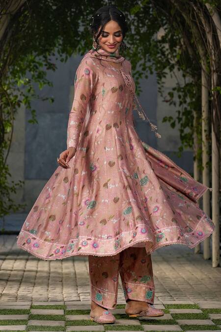 Shop_Label Niti Bothra_Peach Silk, Chanderi Beads, Embroidery Flower Bloom Print Anarkali Pant Set _Online_at_Aza_Fashions