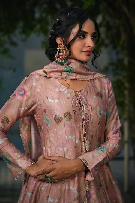 Label Niti Bothra_Peach Silk, Chanderi Beads, Embroidery Flower Bloom Print Anarkali Pant Set _at_Aza_Fashions