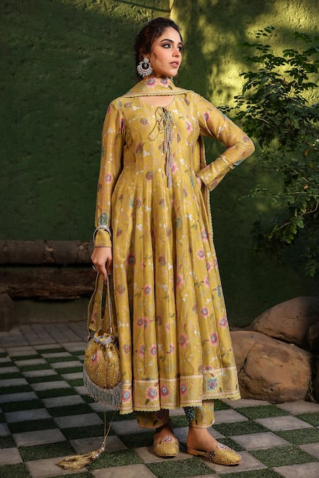 Label Niti Bothra Yellow Silk Chanderi Print Floral Round Neck Anarkali Pant Set 