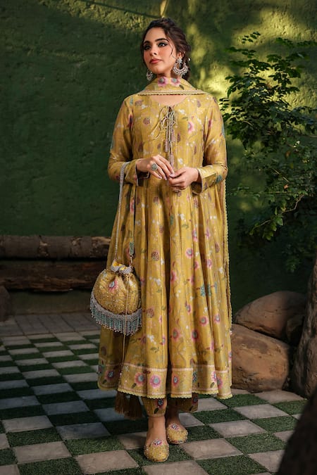 Label Niti Bothra_Yellow Silk, Chanderi Beads Round Neck Floral Print Anarkali Pant Set _Online_at_Aza_Fashions